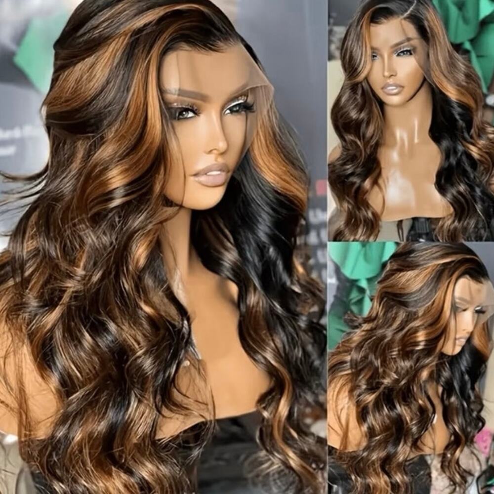 13x4 Lace Closure loose wave curl human hair wig mixed black copper curtain bang